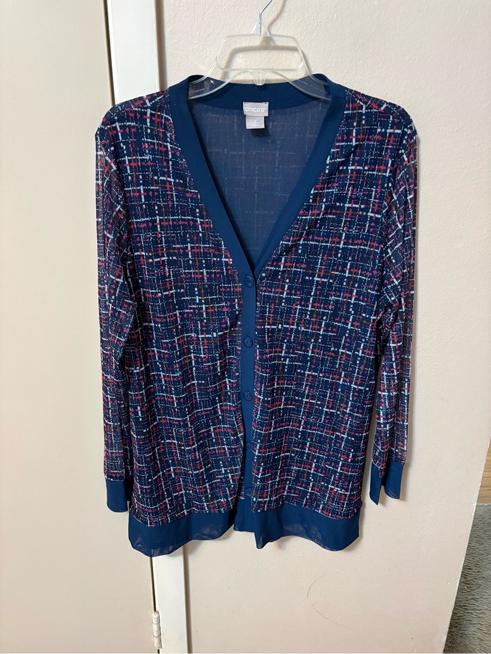 Chicos Button Down Top Sheer sleeves and hem Sz 2 or Large Blue Plaid